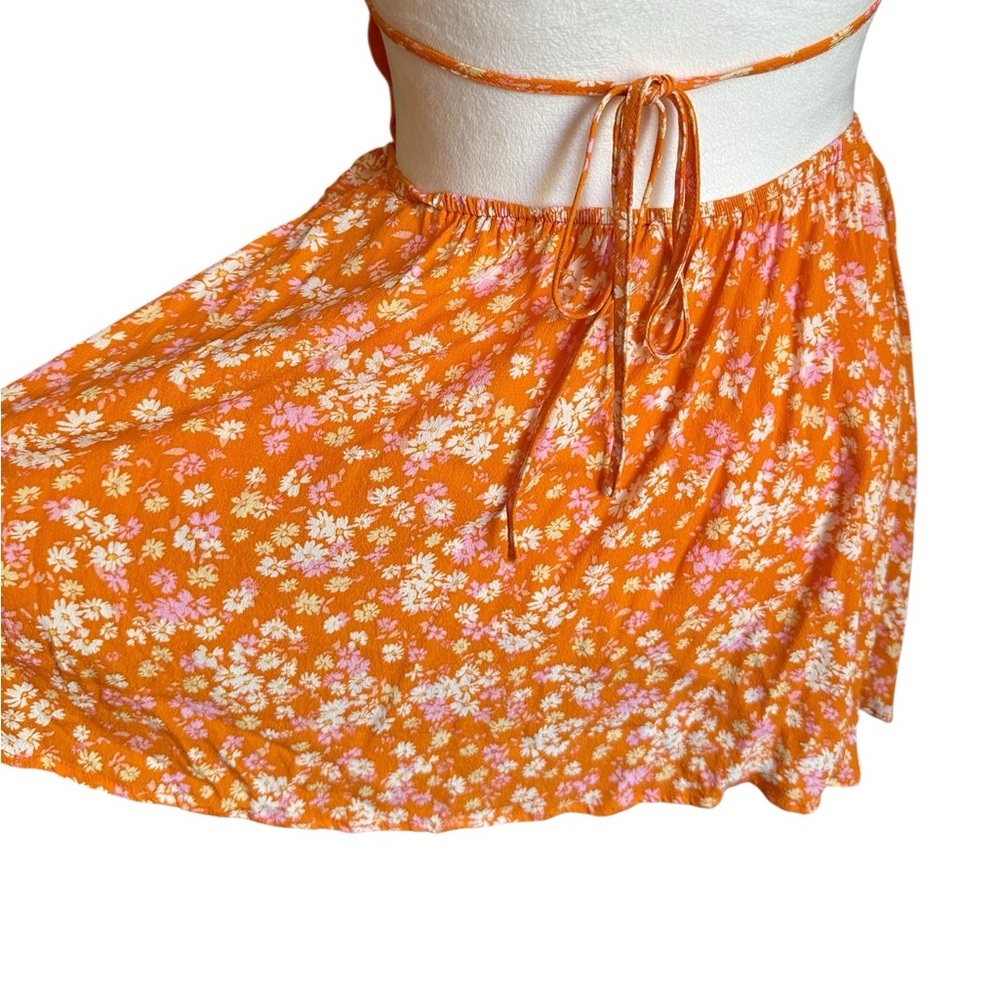 Sky To Moon Floral Cut Out Tie Back Orange Mini Dress Size L - Picture 6 of 17